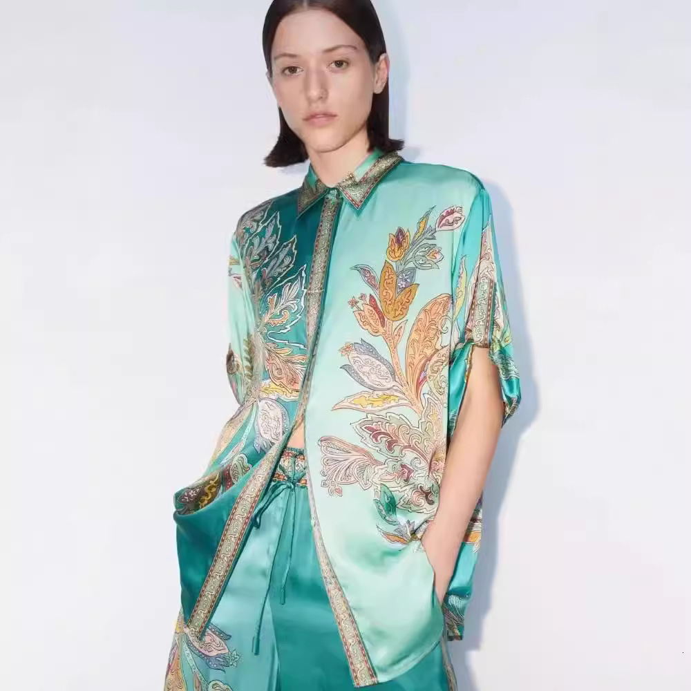 Women Two Piece Wid Let Pants Suit New Printed Satin Short Sleeve Collar Shirt and Pants Casual Set