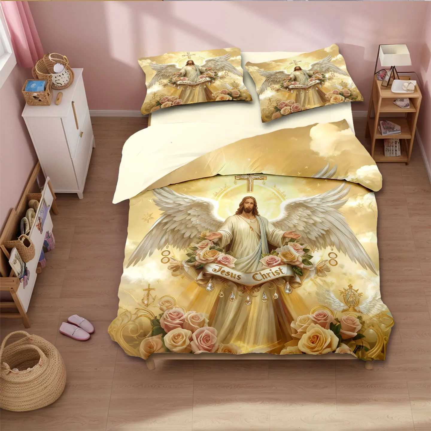 3pcs Jesus Themed Printed Polyester Bedding Set Soft and Comfortable Available in Multiple Sizes and Machine WashableM251118