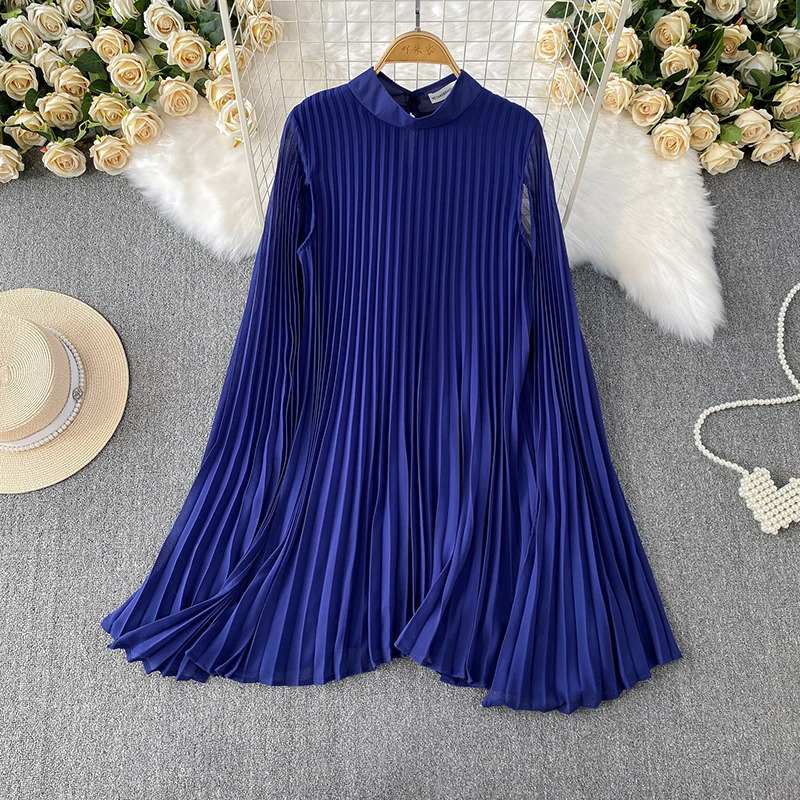 XFPV Fashionable Pleated Dress Women Casual Stand Collar Long Flare Sleeves Solid Color Big Umbrella Dresses Female 22D1140 250417