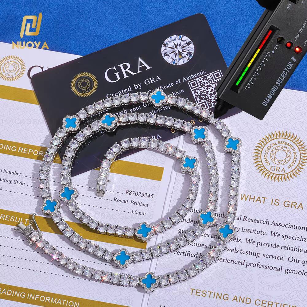 Laboratory cultivation 4mm Tennis Chain Necklace 925 Silver Iced Out VVS Moissanite Multicolor Clover Leaf Hip Hop Jewelry
