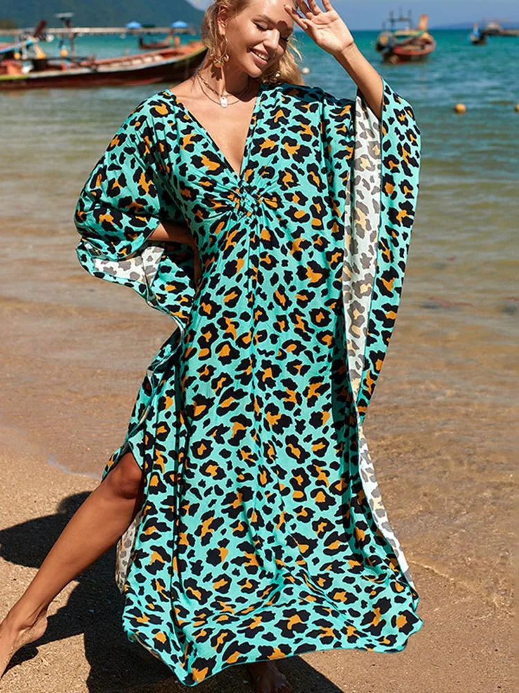 OIINAA Zebra Stripe Beach Top Womens Vneck Chic Plus Size Long Dress 2025 Fashion Swimsuit Cover Wear 250415Z