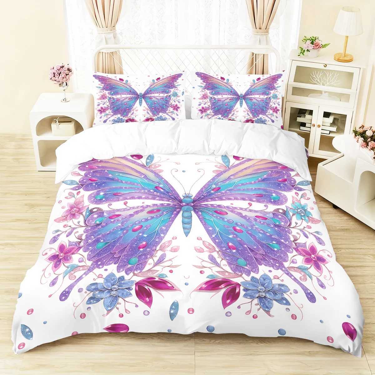 3pcs pink floral butterfly pattern duvet cover set 1 duvet cover2 cases coreless Soft and comfortable bedding setM251118