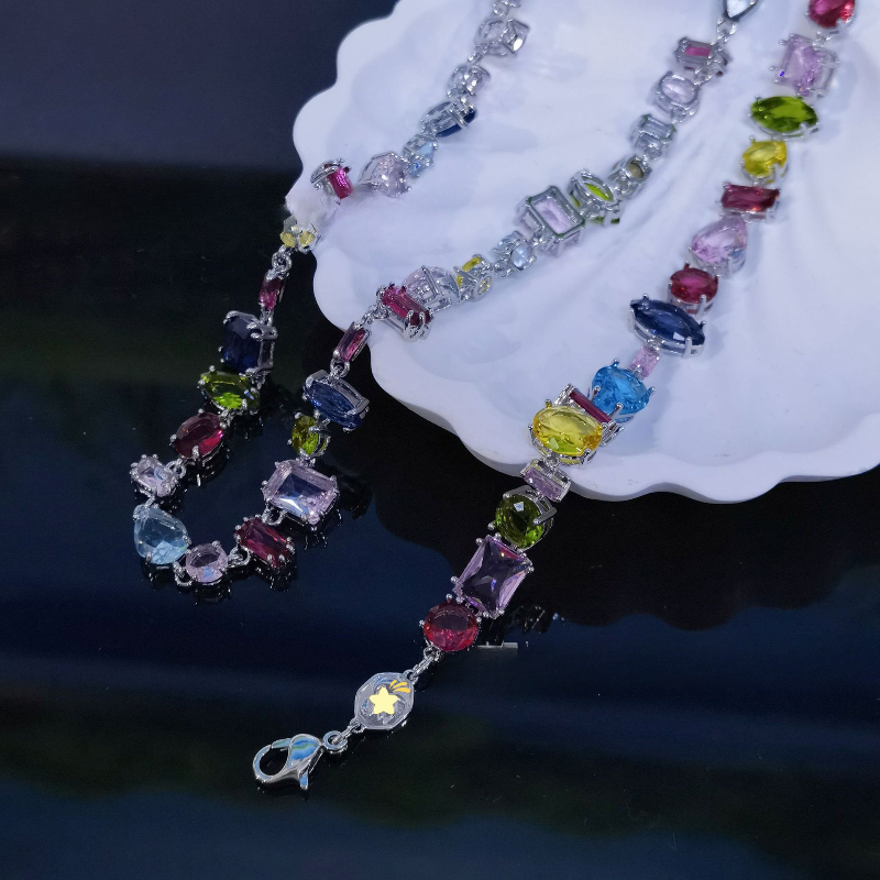 Crystal Choker Necklace Jewelry Set Sparkling Flower Crystal Earrings Bracelets Bangle for Party Colorful Dopamine Stone Z250910