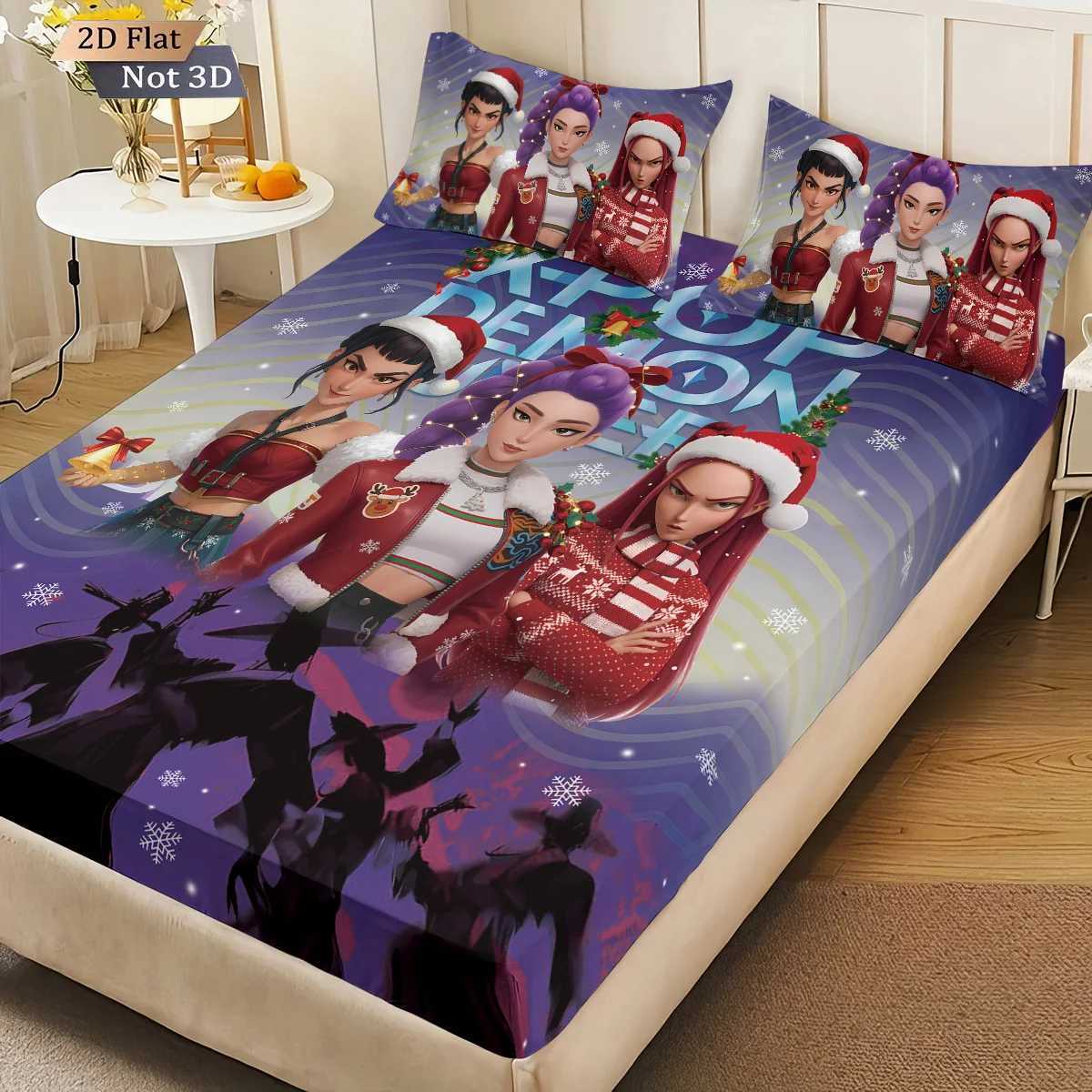 3pcsK-Pop Demon Hunters Printed coreless Fitted Sheet Set Multi Size Soft Bed Cover Bedroom Bedding Decoration Machine WashableM251118