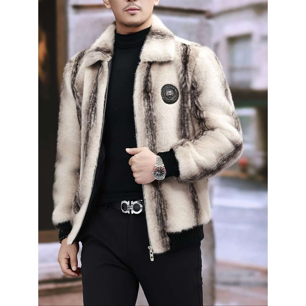 Casual Formal Wear Men's Faux Fur Coat - Winter Warm Color-Block Lapel Collar Jacket, Black & Beige Contrast, Zipper Closure, Regular Fit, Polyes