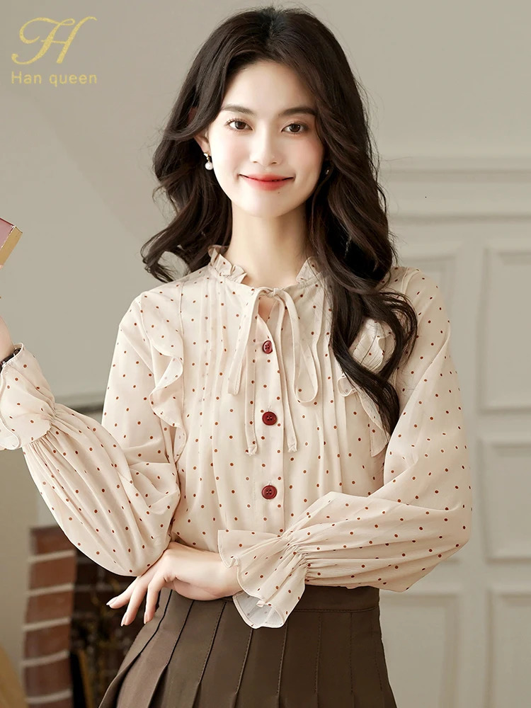 H Han Queen 2025 French Style Womens Top Chiffon Spring Chic Polka dot Shirt Long Sleeve Shirt Retro Casual Blouses 250417