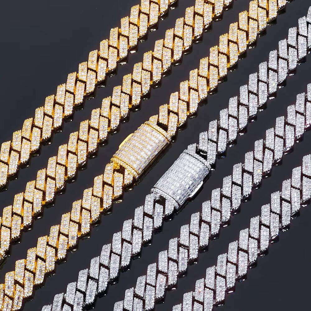 Laboratory cultivation 14mm Cuban Link Chain Shiny Mixed Inlay Baguette VVS Moissanite 925 Silver Iced Out Hip Hop Necklace