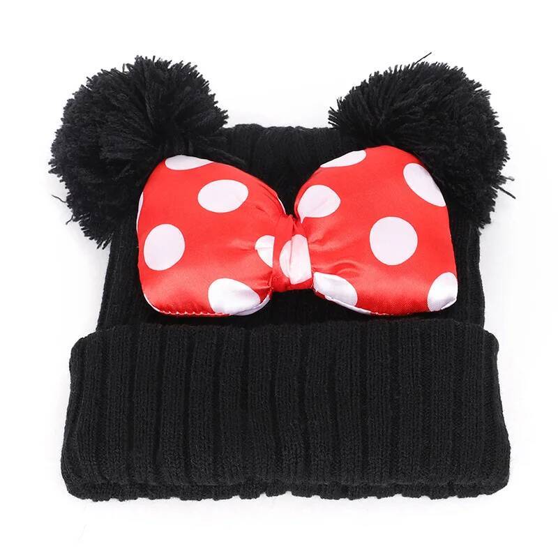 Custom Disney Minnie Bow Knitted Hat Winter Warm Bonnet Hats for Boys Girls Cute Cartoon Mickey Beanie Cap with Pompom Kids Gifts