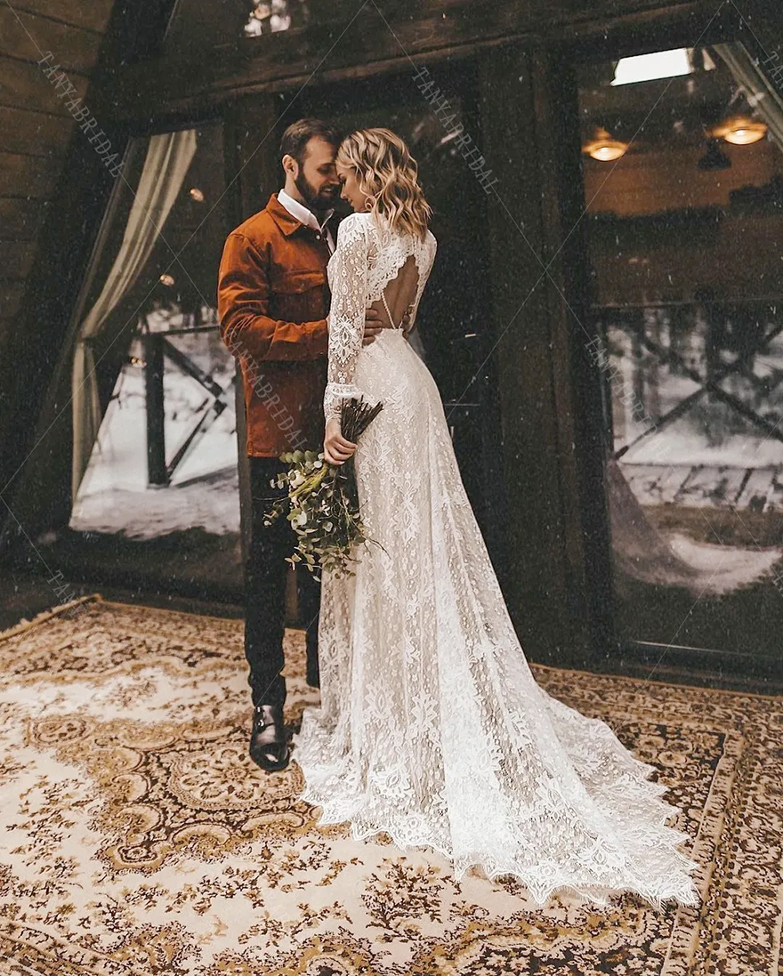 Bohemian beach Lace Wedding Dresses Long Sleeve western country cowgirl Bridal Gowns V-Neck Fashion Vestido De Noivas S7502