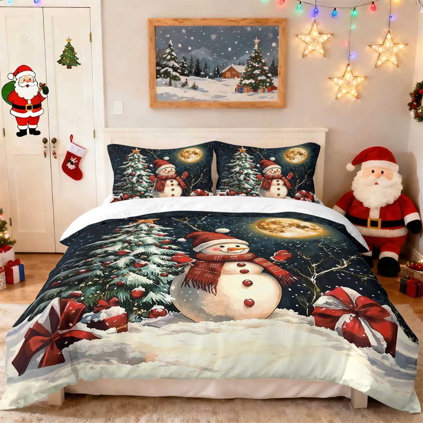 3pcs Christmas snowman reindeer red print coreless duvet set multi size bedroom bedding holiday decoration soft machine washableM251118