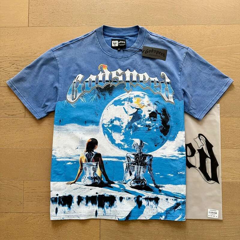 Summer Style Vintage Wash Blue Godspeed T-Shirt Personality Trendy Print God Speed Short Sleeve Washed Tops Cotton Black Tee