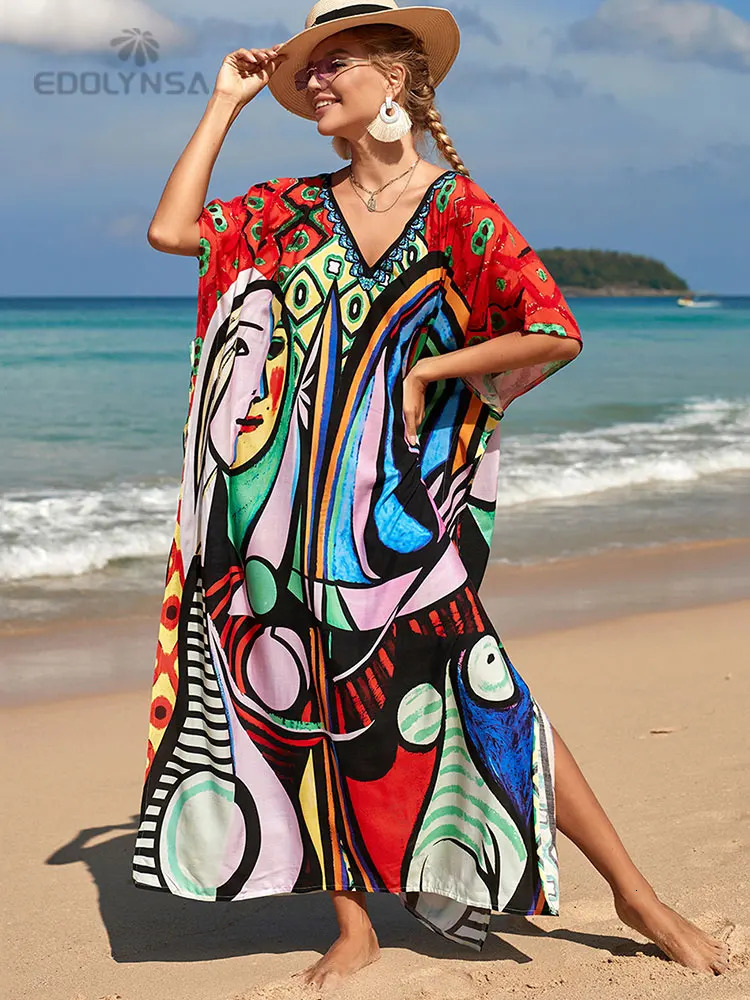 2023 Multi Color Kraft Tan Bohemian Printed Vneck Batwing Sleeve Street Dress Long Beach Swimsuit Cover Q1342 250415Z
