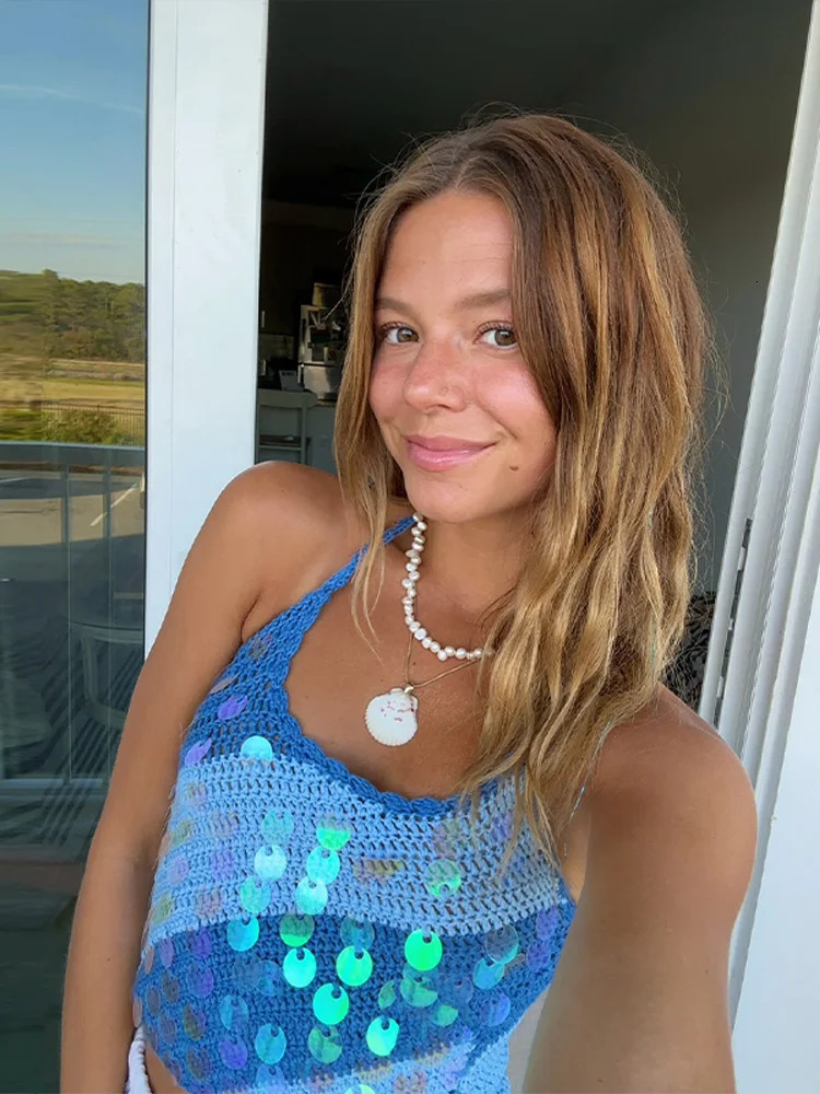 Halter Sequin Knit Vest Top Hanging Neck Patchwork Color Crochet Hollow Out Camisole Short Tank Slim Fit Beach Strap Waistcoat 250417