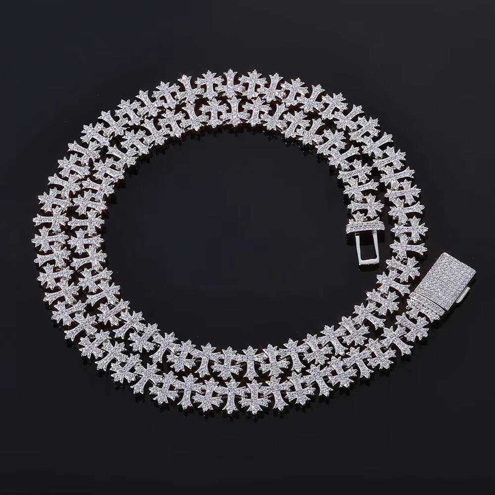 Laboratory cultivation of Moissanite Luxury 11MM Iced Out Diamond Link Chain Gold Plated Cross Bling Zircon Necklace Hip Hop Fine Jewelry