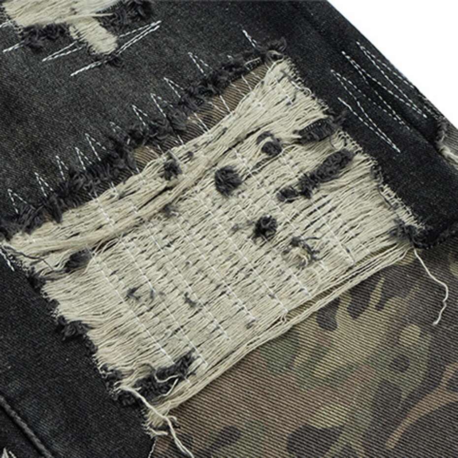 Camouflage Patchwork Vintage Ripped Splicing Flared Denim Pants Men Streetwear Hip Hop Blue Baggy Jeans Trousers