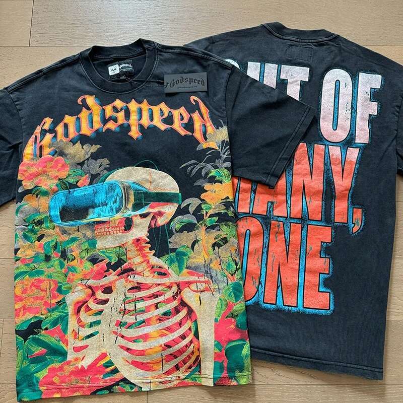 Summer Style Vintage Wash Blue Godspeed T-Shirt Personality Trendy Print God Speed Short Sleeve Washed Tops Cotton Black Tee
