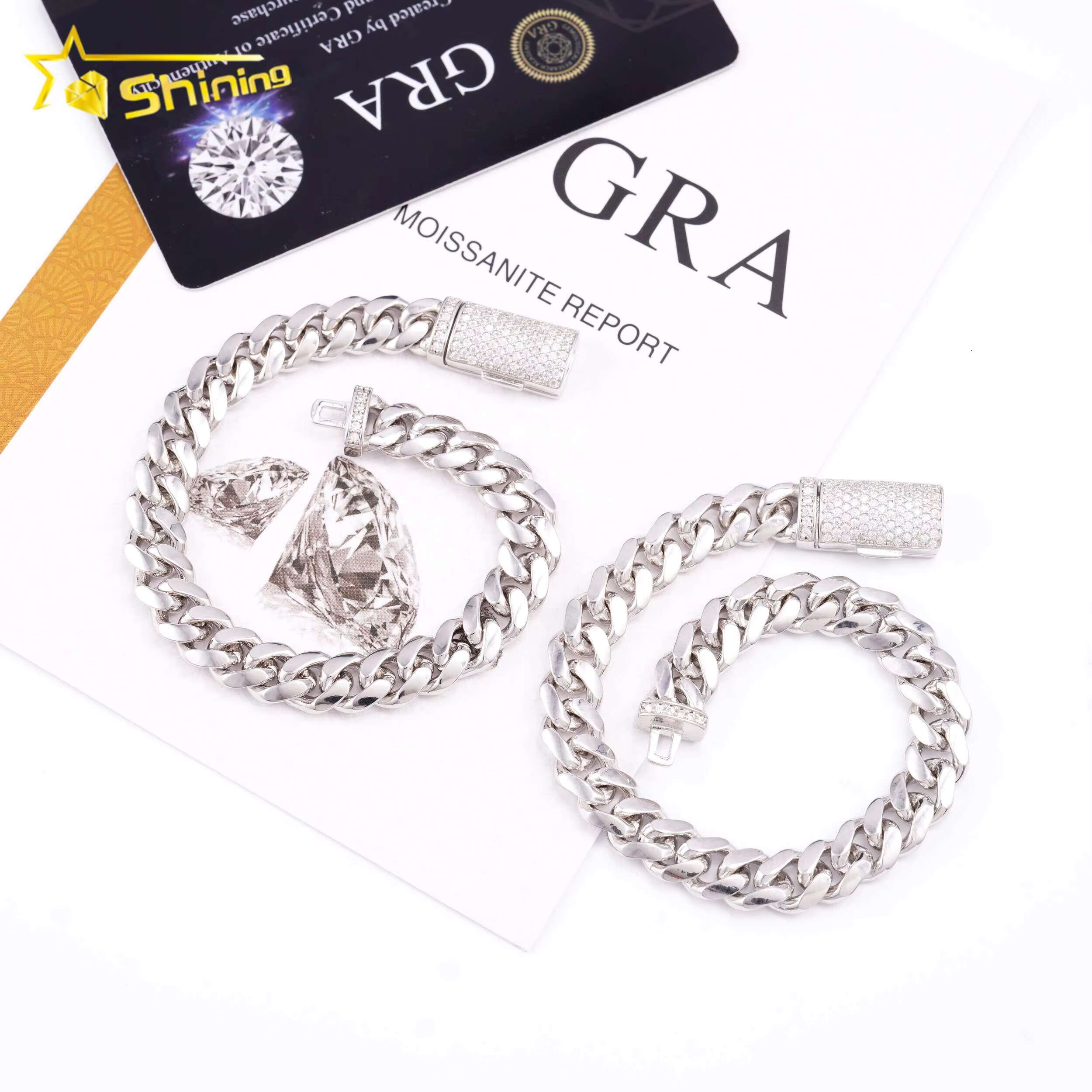 Wholesale 8MM Dia Moissanite Lock Hip Hop Sier Plain Miami Cuban Link Chain Bracelet