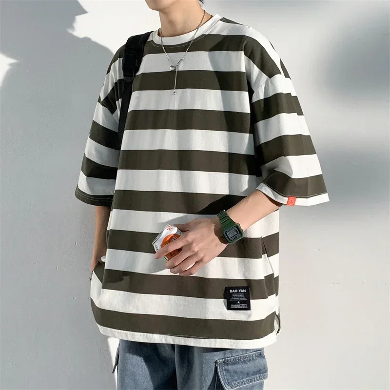 Mens pure cotton Tshirt striped mens oversized with split hem fashionable casual wear summer 5XL large 250408Z