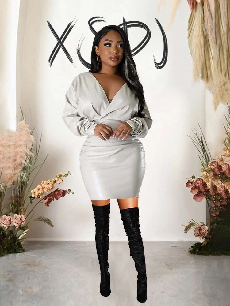 Elegant Winter Woman One Piece Vneck Short Leather High Waist Sexy Long Sleeve Pu Dress Tight Wholesale Dropshipping