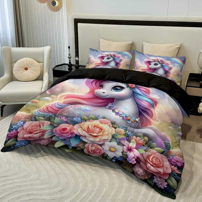 3PC Cartoon Unicorn Comfortable Bedding Set 1Duvet Cover2Two cases Polyester Fiber 3D Digital PrintingM251118