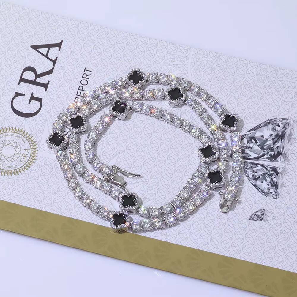 Laboratory cultivation 4mm Iced Out VVS Moissanite Tennis Chain 925 Silver Necklace Black Four Leaf Clover Hip Hop Jewelry Gift