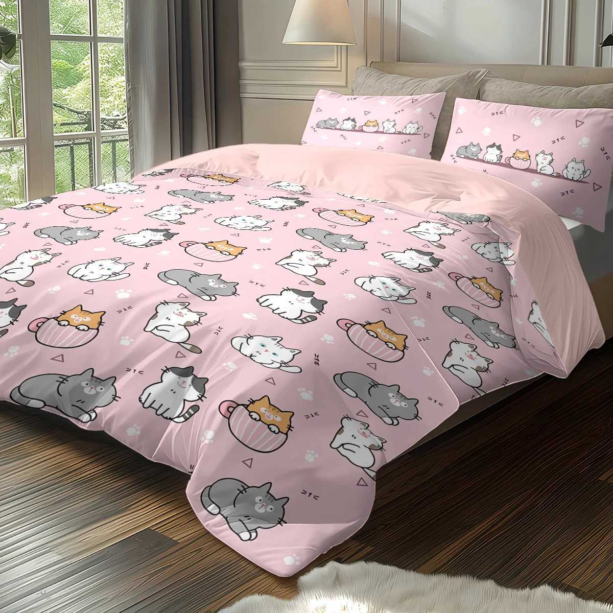 3pcs 1 duvet cover 2 cases coreless pink cute cartoon cat element printed bedding set soft and comfortableM251118