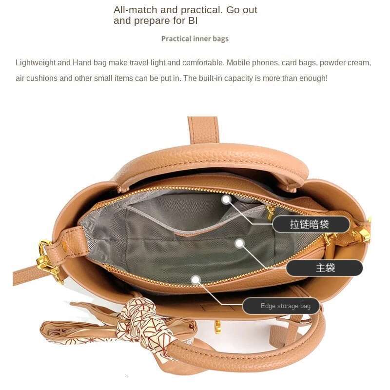 Summer New Vegetable Basket Real Leather Women's Premium Feeg Bucket Handbag Shoulder Simple Crossbody Bag Lychee Pattern