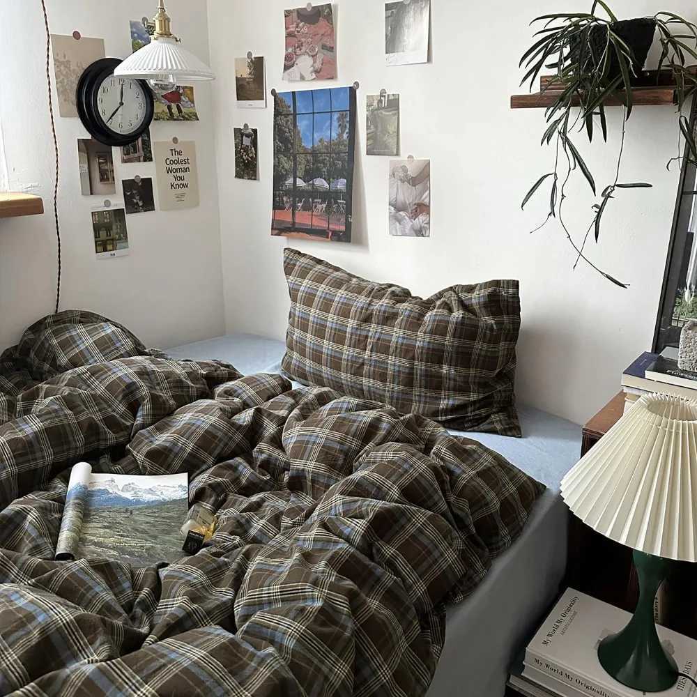 Queen Size Blue Brown GreenPlaid Duvet Cover Set - 3 Piece Vintage Aesthetic Bedding Set 100 Washed Cotton MM251118