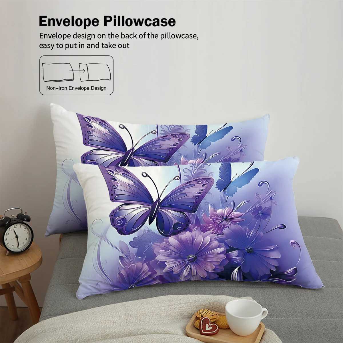 3pcs fashionable purple butterfly printed bedding set soft and comfortable for women bedroom queen king and twin bedM251118