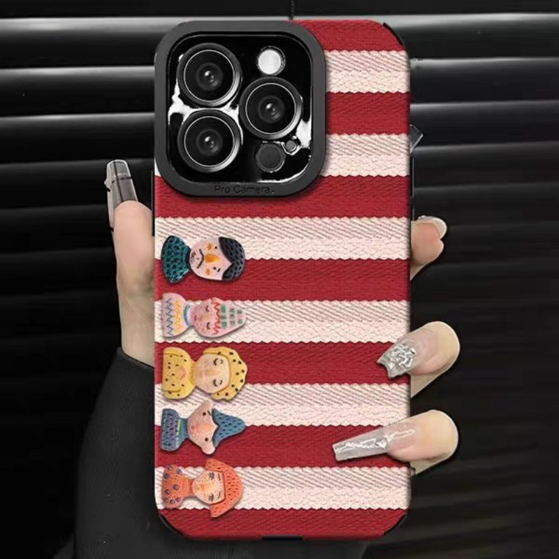 Striped 3D Doll Phone Case Compatible iPhone 16/15 Pro Max New Model with Lanyard Full Coverage Shockproof Protective Case