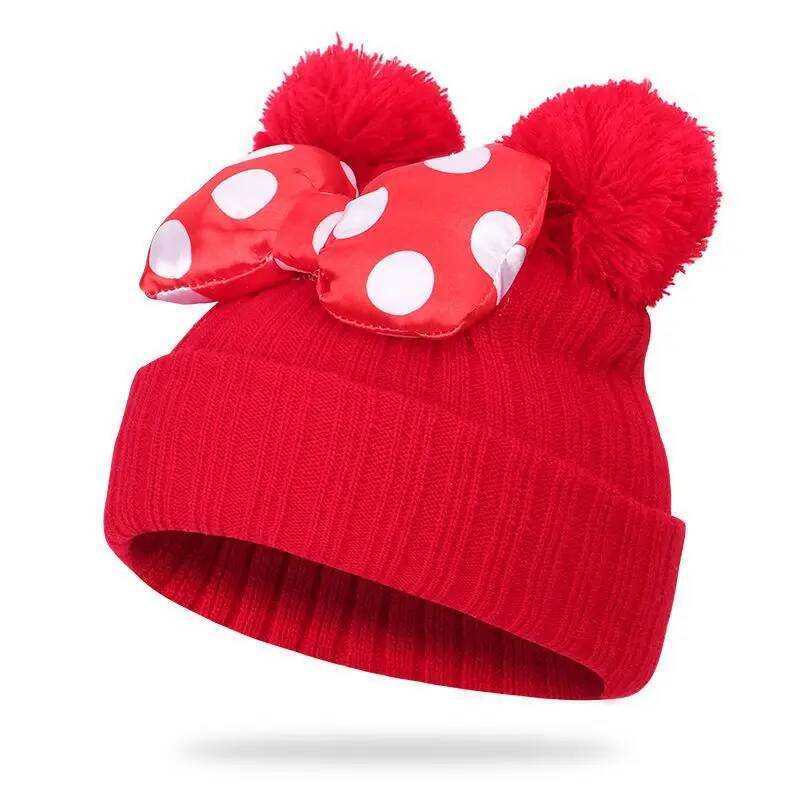 Custom Disney Minnie Bow Knitted Hat Winter Warm Bonnet Hats for Boys Girls Cute Cartoon Mickey Beanie Cap with Pompom Kids Gifts