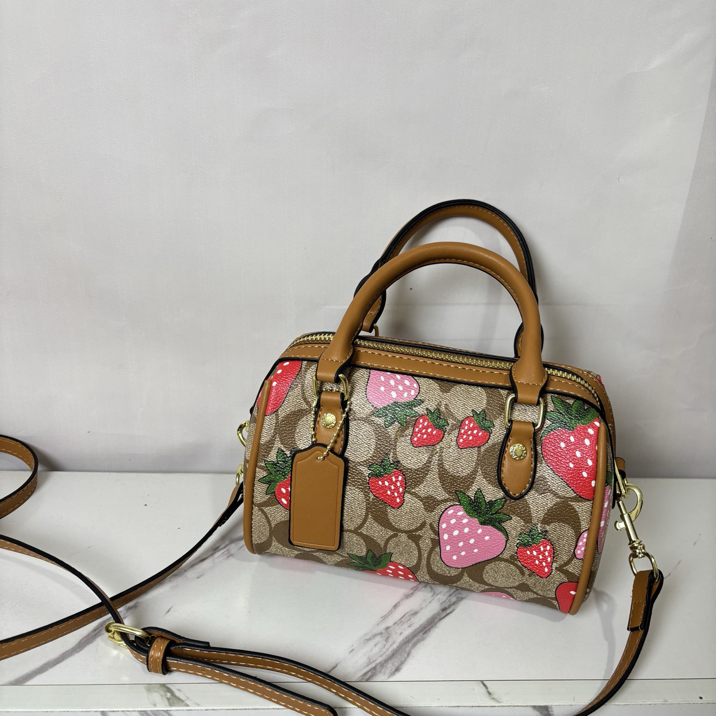 Fashion fruit floral print mini boston handbag shoulder crossbody bag, monogram print design, lightweight leather bag for women, suitable for daily use, parties, travel
