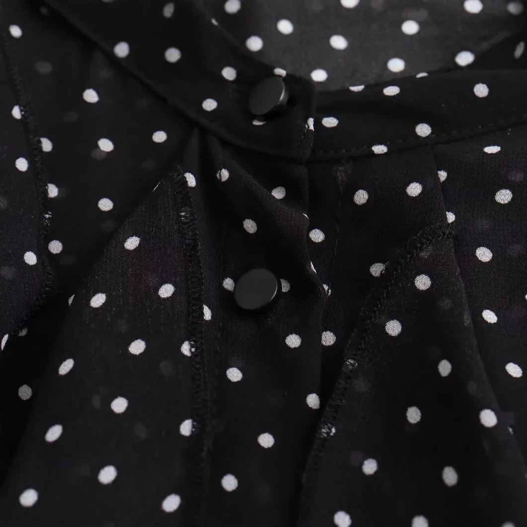 ZBZA Womens Layered n Polka Dot Print Shirt Long Sleeve Stand Collar Single Breasted Top Spring and Summer Chic Shirt 250417