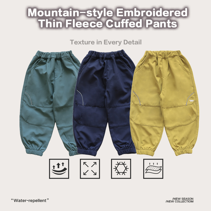Children's Embroidered Thin Fleece Cuffed Pants, Mountain-Style Water-Repellent Thermal Trousers, Comfortable Hiking & Casual Wear for Kids 25AG3