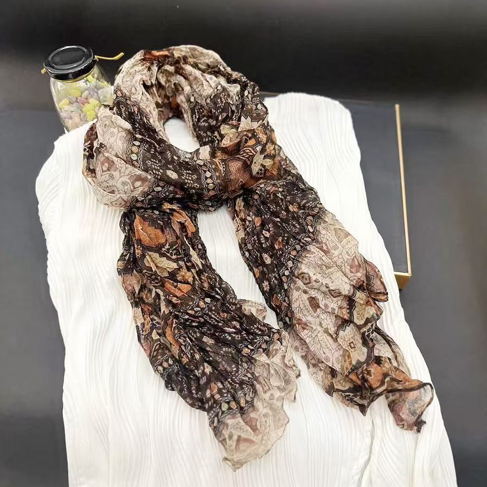 T499 cotton and linen scarf new style literary retro pleated ethnic style hot style small floral hundred multi-purpose fashionable neck scarf
