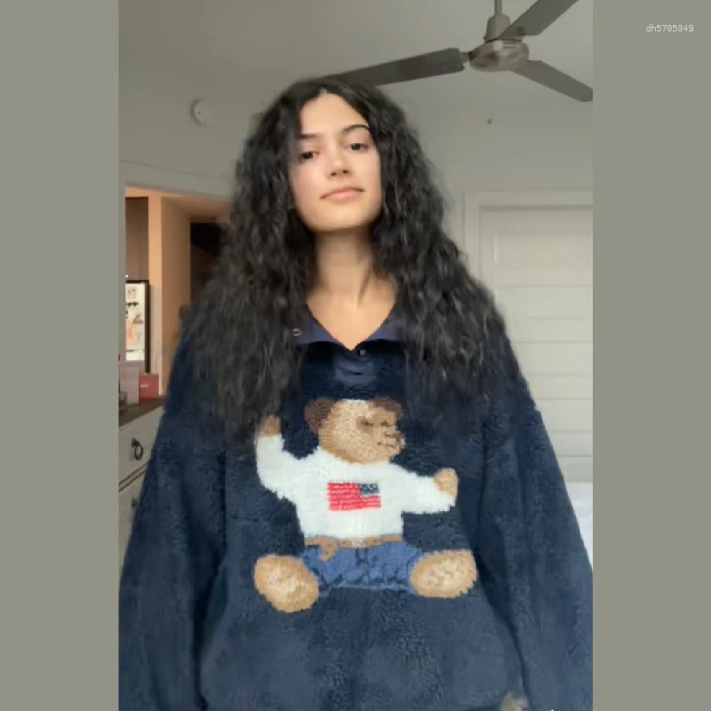 Women's Sweaters Cute Bear Pattern Sweatshirts High Collar Warm Polar Fleece Sweater Soft Blouses Tops 2025 Winter Lady Y2K Clothes