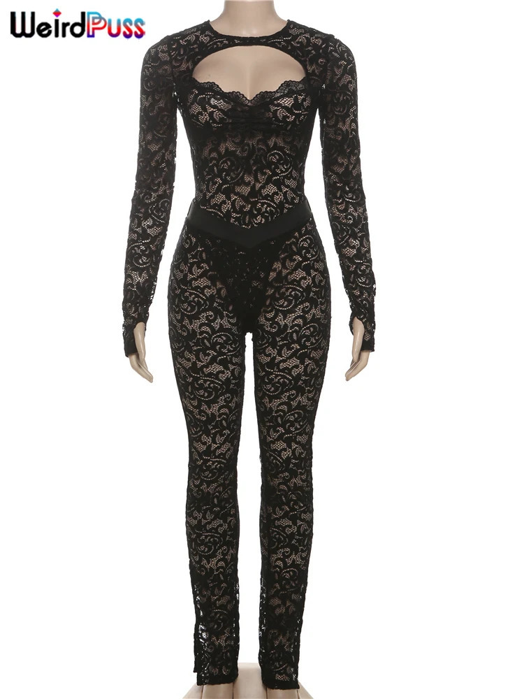 Weird Puss Sexy Jacquard 2 Piece Set Women Y2K Coquette Backless Hollow BodysuitLeggingsTight Midnight Clubwear Skinny Outfits 250417