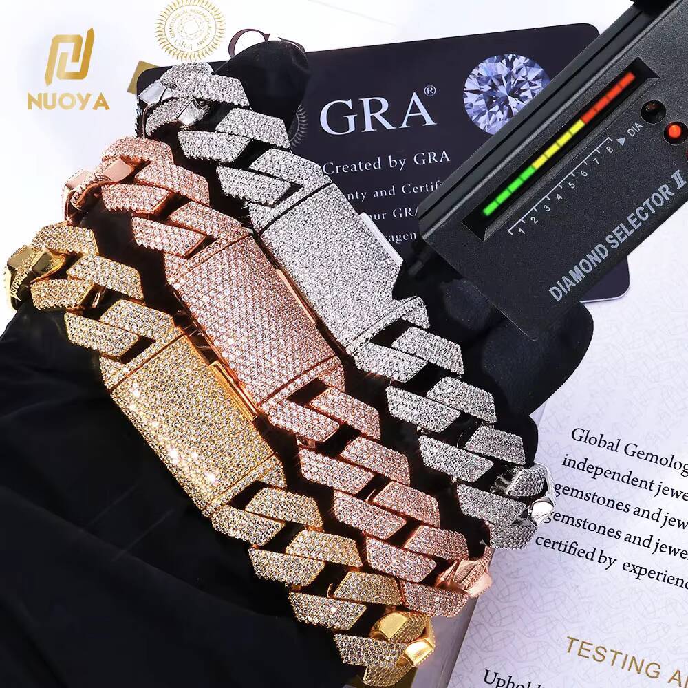 NUOYA Luxury Iced Out 15mm Cuban Link Bracelet 925 Silver Hip Hop Jewelry Shiny VVS Moissanite Mens Chain