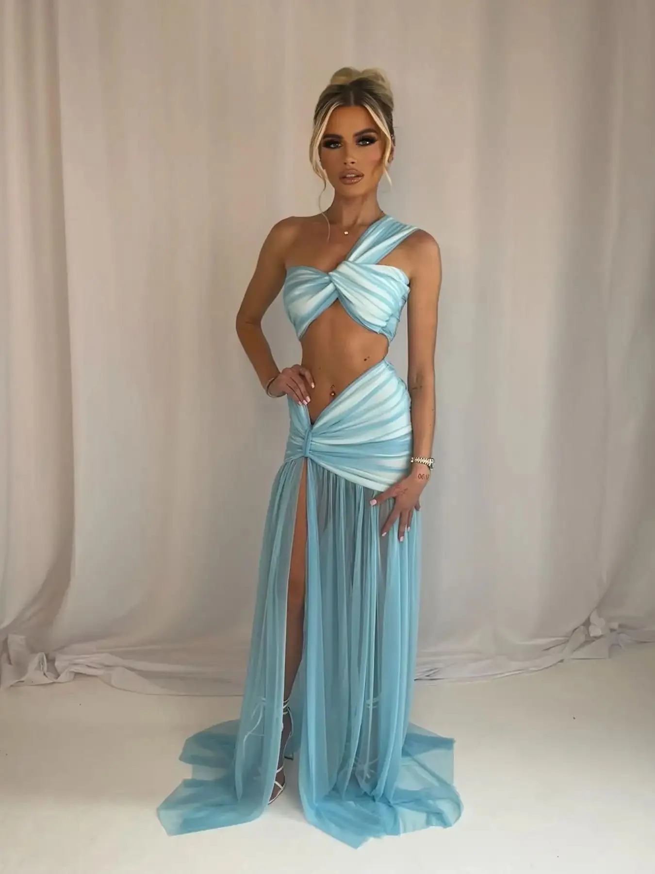 Women Two-piece Skirt Suit Bandage Top Skirt Sleeveless Sweet Waist Chic Slit Skirt Summer Mini Skirt 250417
