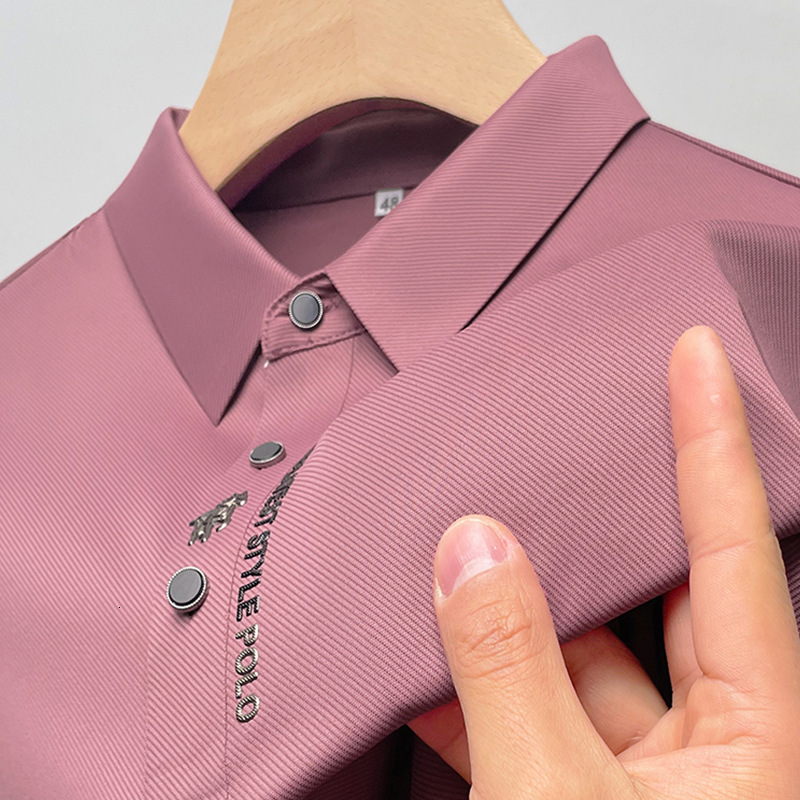 Summer Business Casual High-End Quality Short Sleeve Polo Shirt Solid Color Ice Silk Elasticity Printing Lapel Collar Clothing 240709