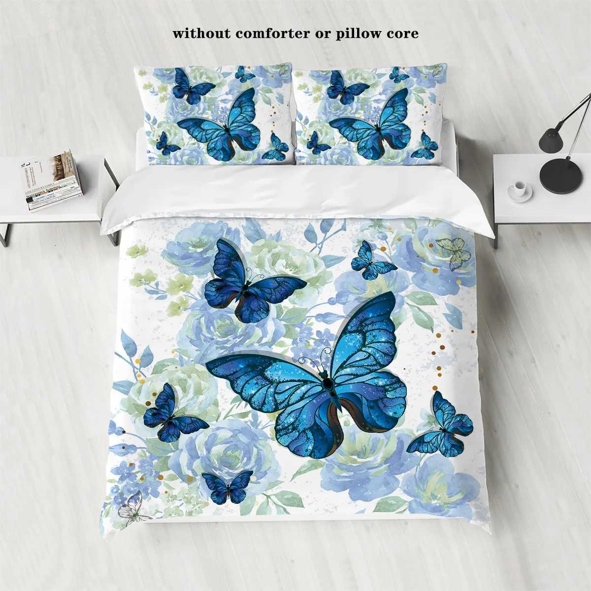 3-piece down duvet cover set with blue butterfly rose pattern print 1 duvet cover2 cases no core bedding setM251118