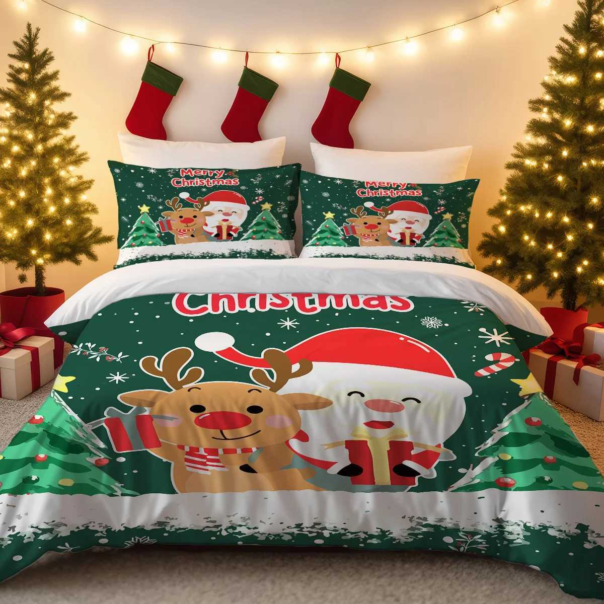 3pcs Santa Claus Christmas Tree Print Coreless Duvet Set Bedroom Dormitory Bedding Decoration Comfortable Machine WashableM251118