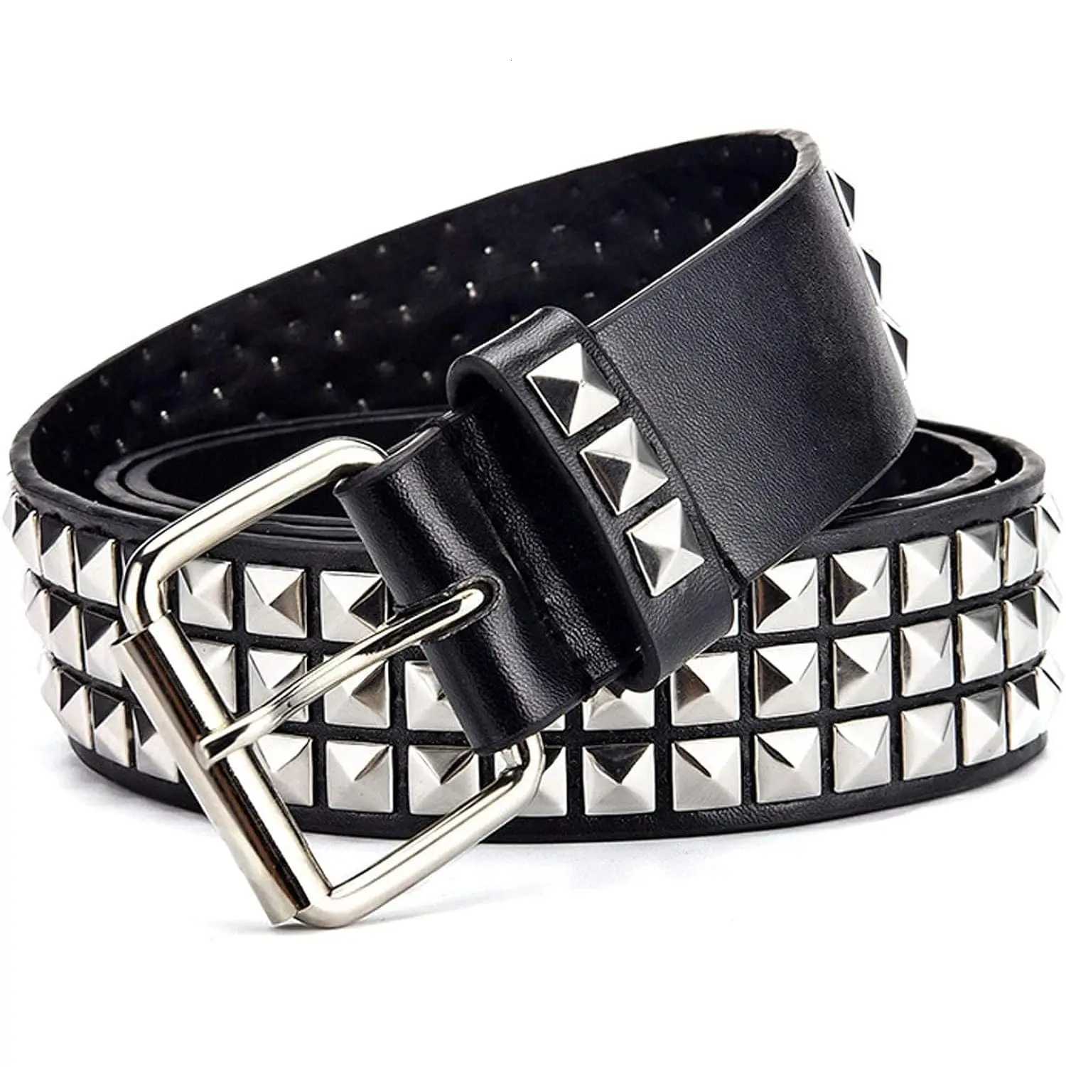 Black Three-Row Rivets Punk Style Fashionable Belt for Men and Women Rock Metal Belt W251118