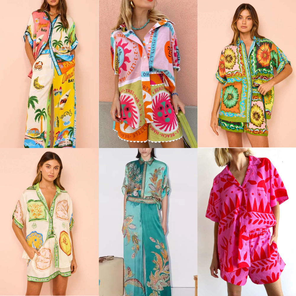 Summer Womens Two Piece Pants Set Ladies Tracksuits Shirt Top And Pants Floral Printed Beach Vacation Clothes For Women Short Sleeve Holiday Leisure Sets