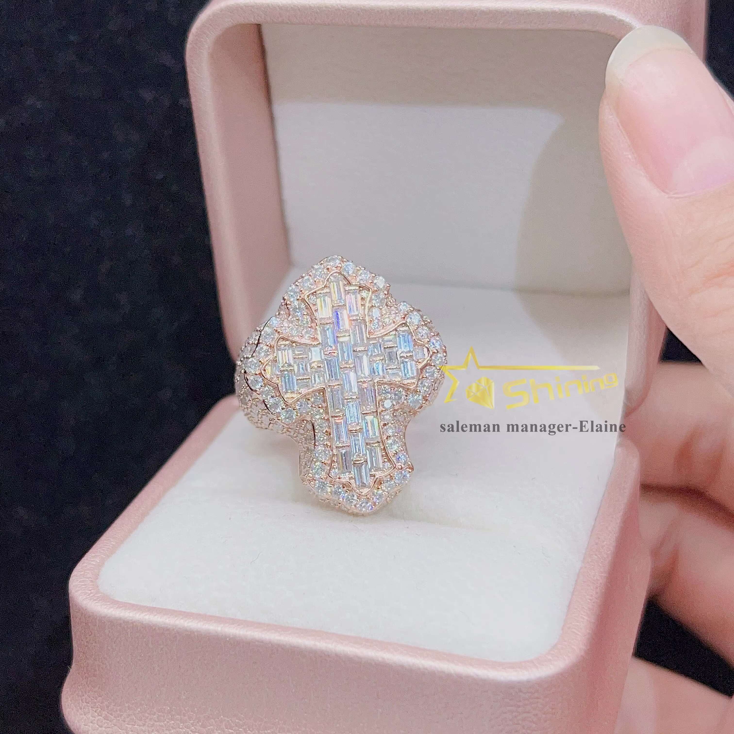 Fashion Hip Hop Fine Jewelry New Design Sier Vvs Moissanite Iced Out Dia Cross Ring