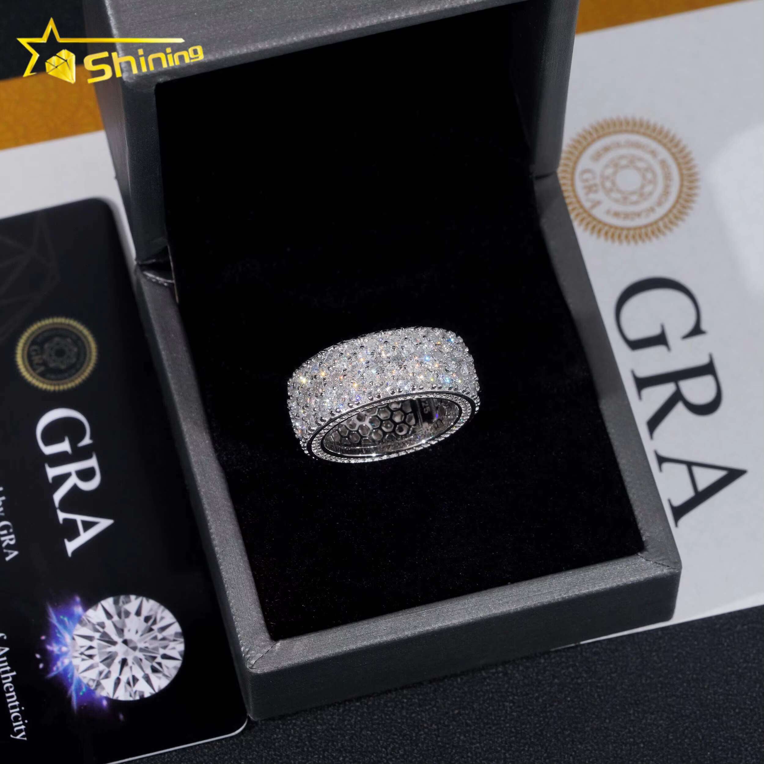 Pass Tester Hip Hop Jewelry Sier 3 Row Stones Fully Eternity VVS Dia Moissanite Iced Out Band Ring