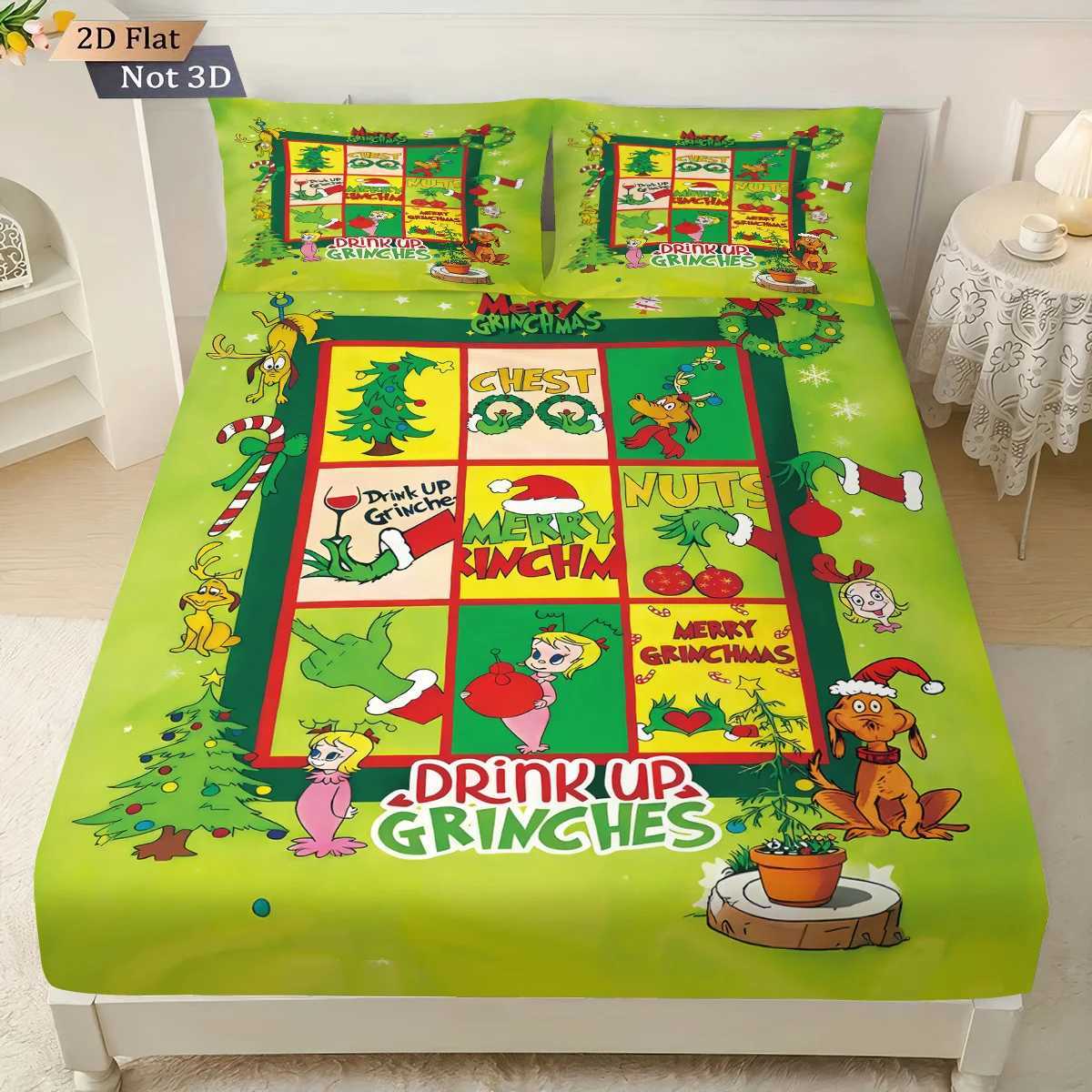 3 green Christmas cartoon print coreless bedsheet set multiple sizes comfortable bed covers bedroom bedding holiday decorationsM251118