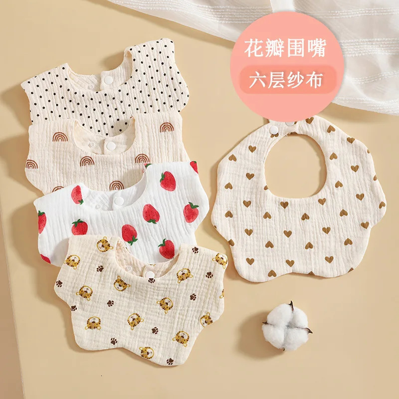Korean style cotton Goz baby feeding bib summer soft petal print Saliva towel born 250414z