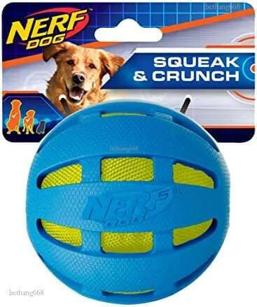 Nerf Dog 3.8in Rubber Checker Crunch Ball u2013 Blue with Green Crunch Bag