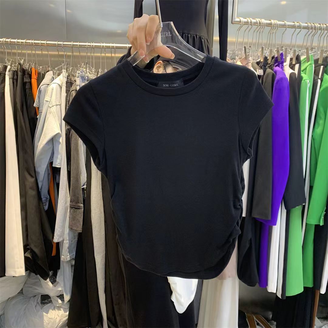 Ins hot girl pure desire waist cinching t-shirt short sleeved women 2024 summer new item solid color base cover slim fit top women's trend